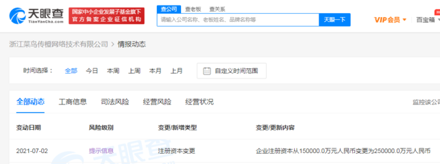 浙江菜鳥傳橙網(wǎng)絡(luò)技術(shù)注冊資本增至25億元，加速布局計算機軟硬件及外圍設(shè)備制造